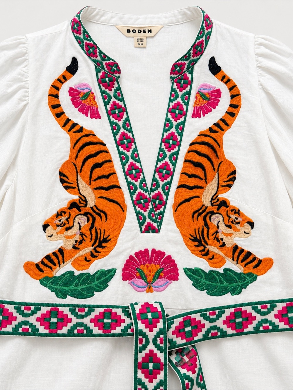 Boden Octavia Tiger Embroidery Linen Blend Maxi Dress Size 10 White - Picture 7 of 16